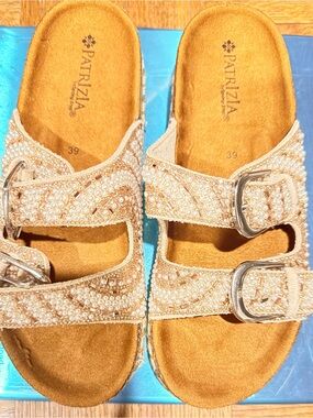 Women's Beaded Buckle Slide Sandals - Champagne